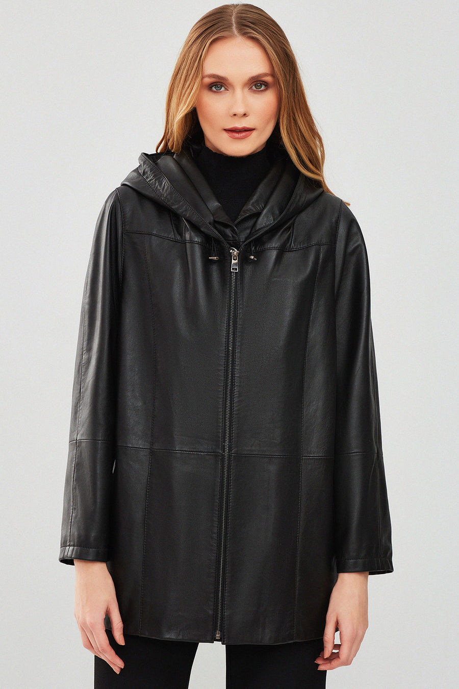 Anya Women's Black Hooded Leather Coat