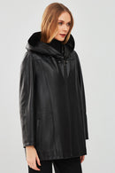 Anya Women's Black Hooded Leather Coat | Derimod