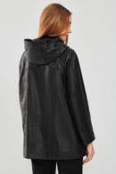 Anya Women's Black Hooded Leather Coat | Derimod