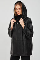 Anya Women's Black Hooded Leather Coat | Derimod