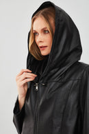 Anya Women's Black Hooded Leather Coat | Derimod