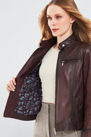 Alicia Women's Burgundy Short Leather Jacket | Derimod