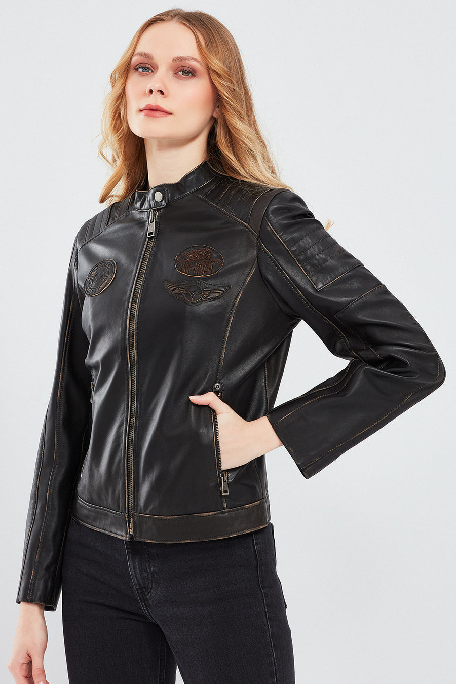 Tampa Women's Bronze Emblem Sports Leather Coat