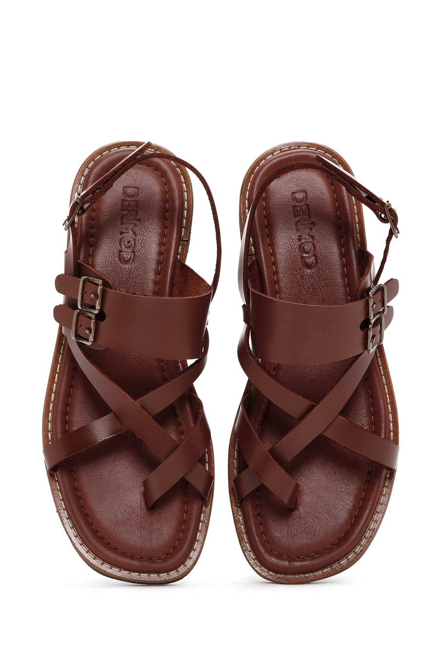 Women's Brown Ankle Buckle Flip-Flop Leather Sandals