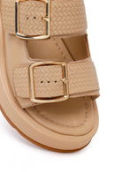 Kadın Bej Çift Tokalı Kalın Tabanlı Deri Konfor Terlik | Derimod