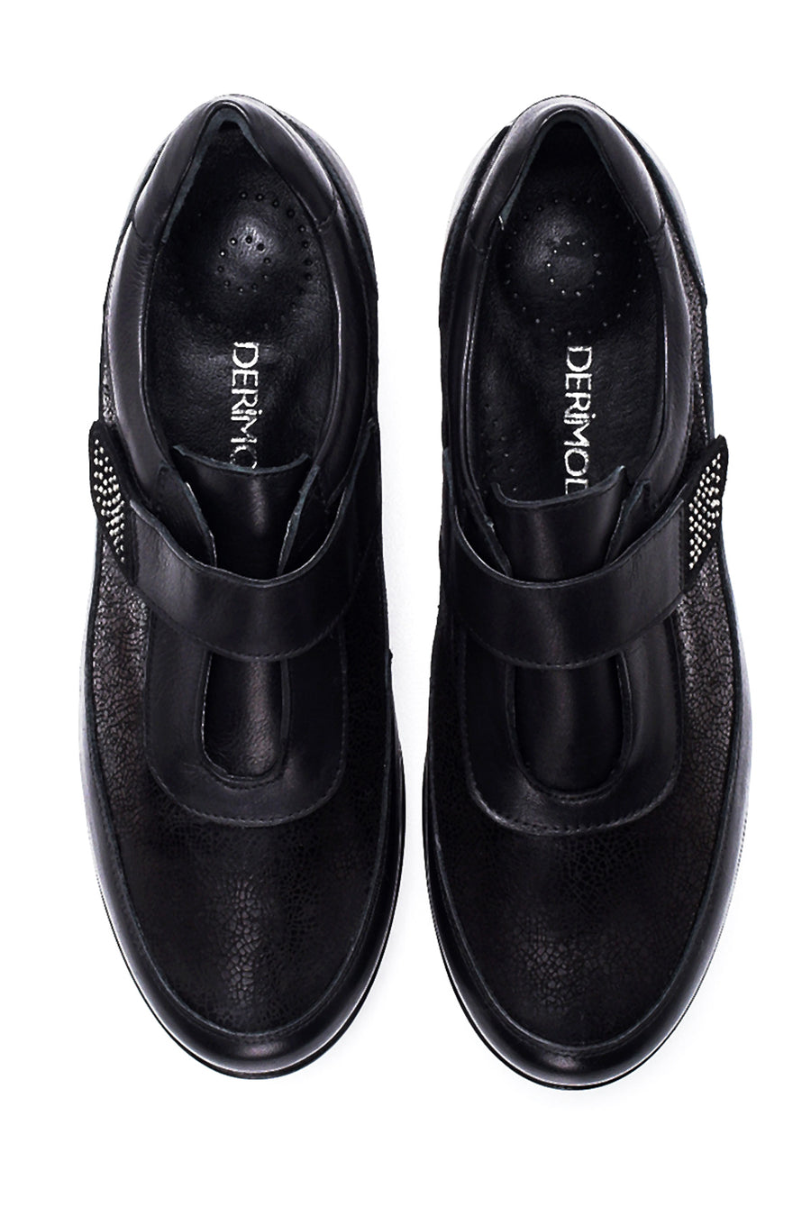 Women's Black Leather Stone Wedge Heeled Comfort Shoes