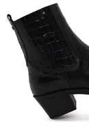 Woman Black Thick-Heel Croc-Embossed Leather Cowboy Boots | Derimod