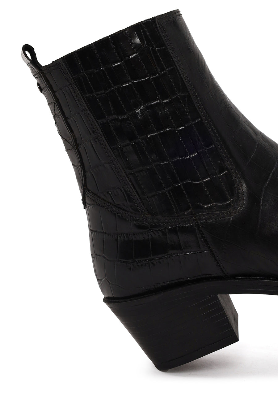 Woman Black Thick-Heel Croc-Embossed Leather Cowboy Boots