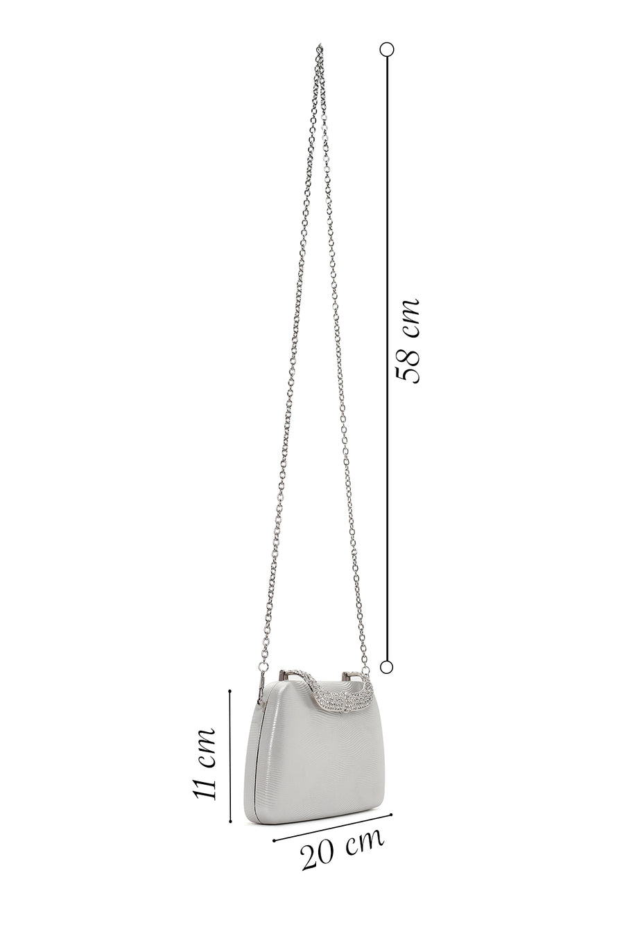 Women's Silver Long Chain Strap Stoned Clutch Bag