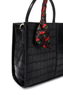 Women's Black Long Strap Crocodile Patterned Handbag with Accessory Detail | Derimod