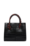 Women's Black Long Strap Crocodile Patterned Handbag with Accessory Detail | Derimod