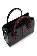 Women's Black Long Strap Crocodile Patterned Handbag with Accessory Detail | Derimod