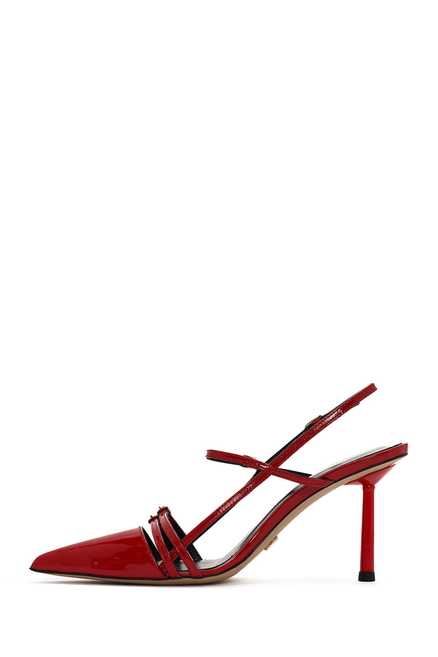 Women's Red Ankle Strap Open Back Heeled Patent Leather Shoes