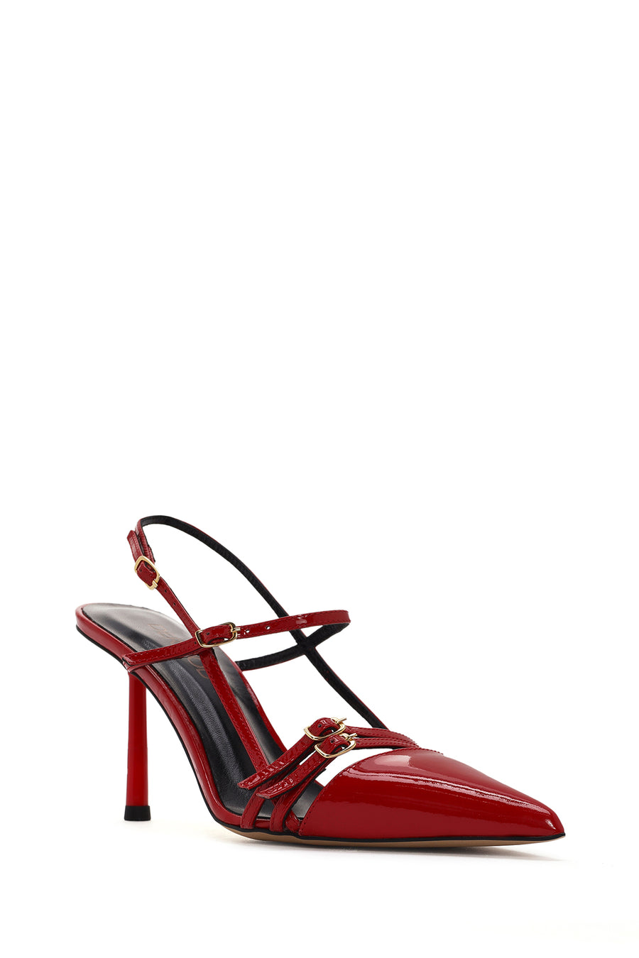 Women's Red Ankle Strap Open Back Heeled Patent Leather Shoes
