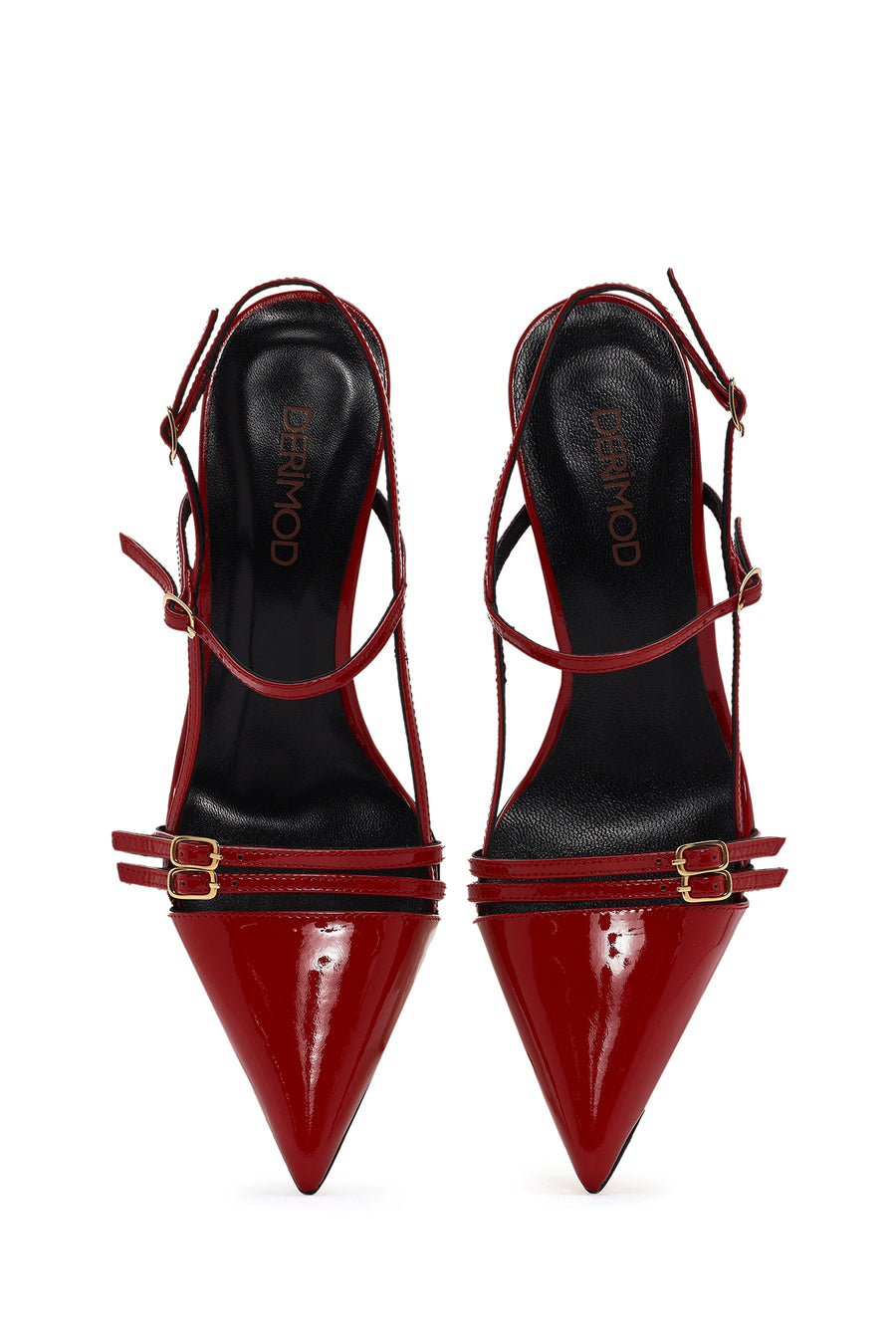 Women's Red Ankle Strap Open Back Heeled Patent Leather Shoes