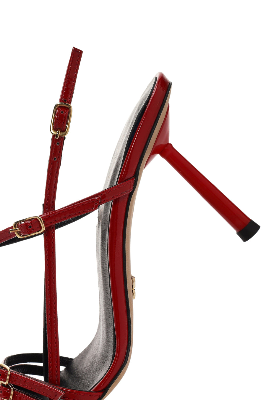 Women's Red Ankle Strap Open Back Heeled Patent Leather Shoes