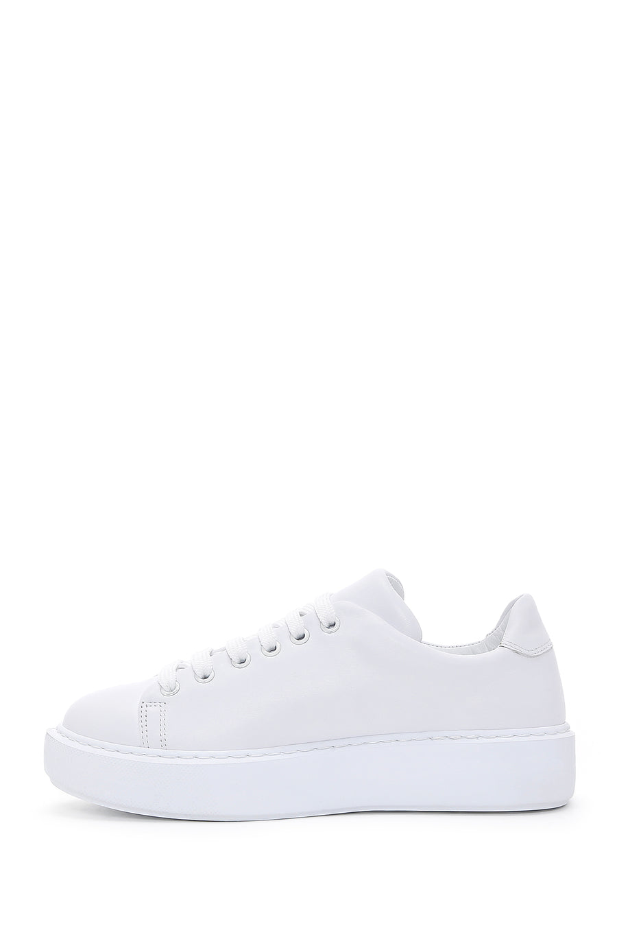 Women's White Lace-up Thick-Sole Leather Sneaker