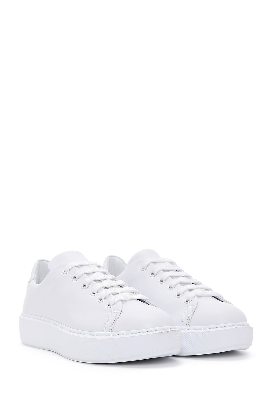 Women's White Lace-up Thick-Sole Leather Sneaker