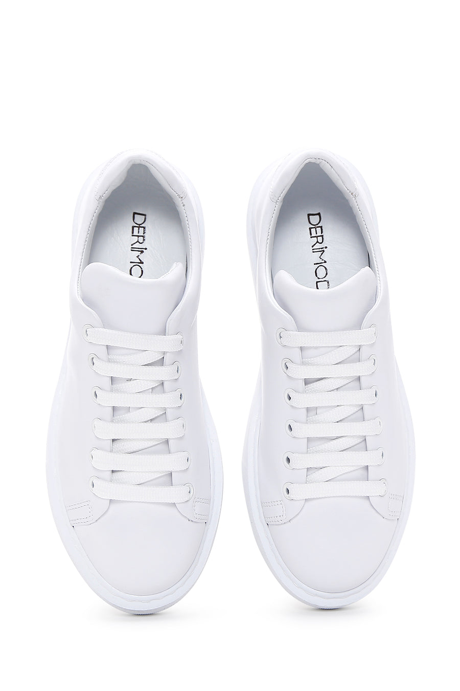 Women's White Lace-up Thick-Sole Leather Sneaker
