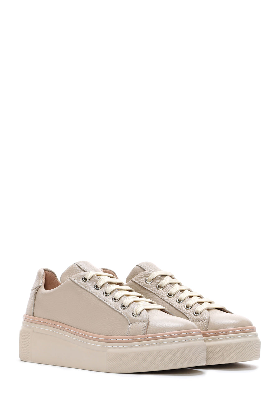 Women's Beige Lace-up Thick-Sole Leather Sneaker