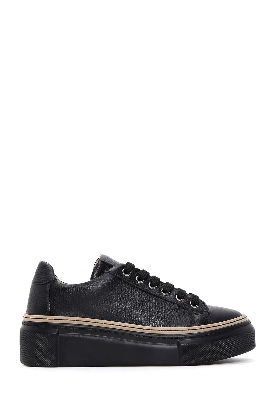 Women's Black Lace-up Thick-Sole Leather Sneaker 24SFD1305FT | Derimod