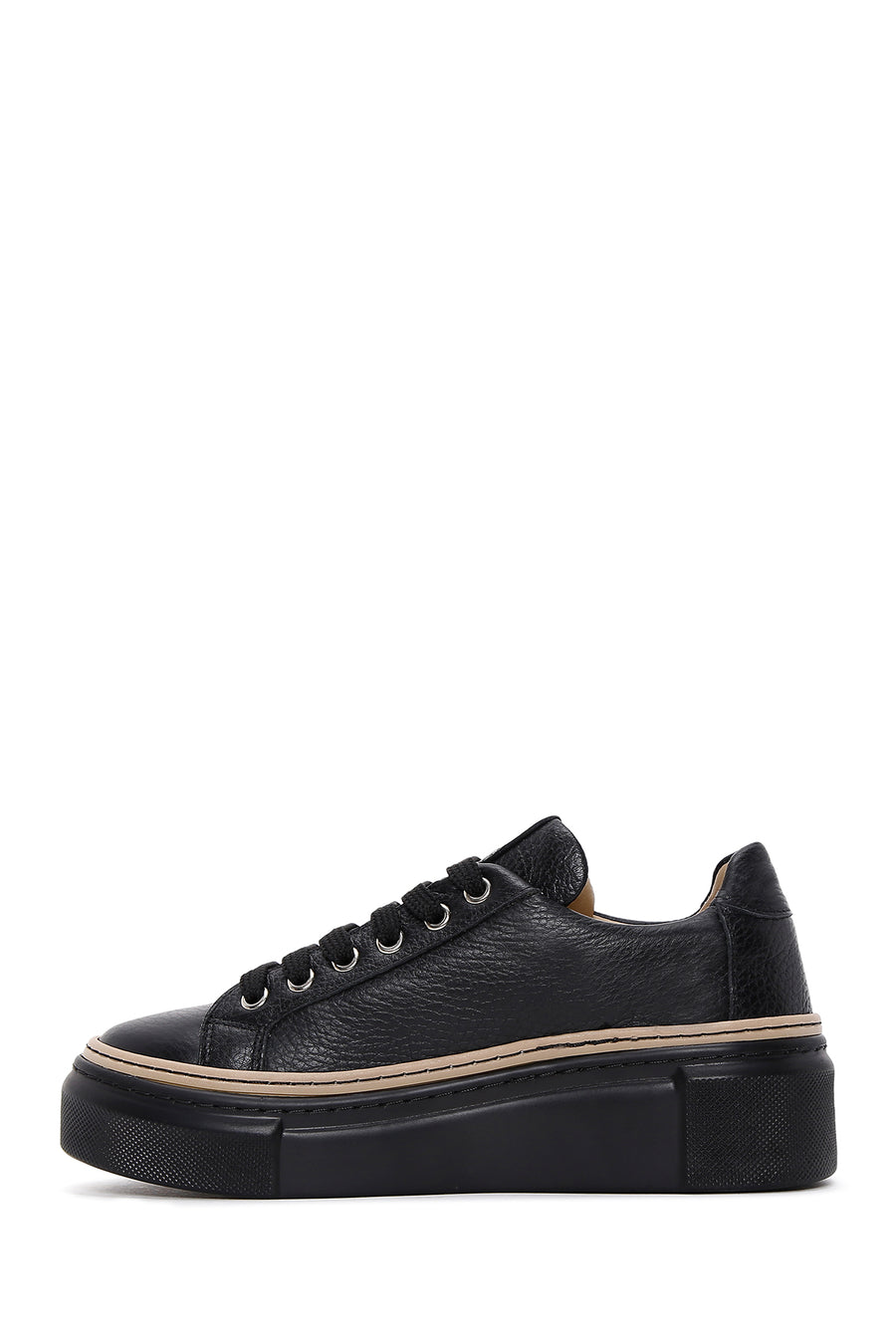 Women's Black Lace-up Thick-Sole Leather Sneaker