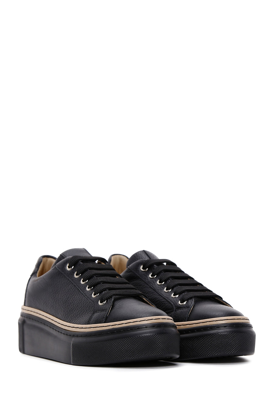 Women's Black Lace-up Thick-Sole Leather Sneaker