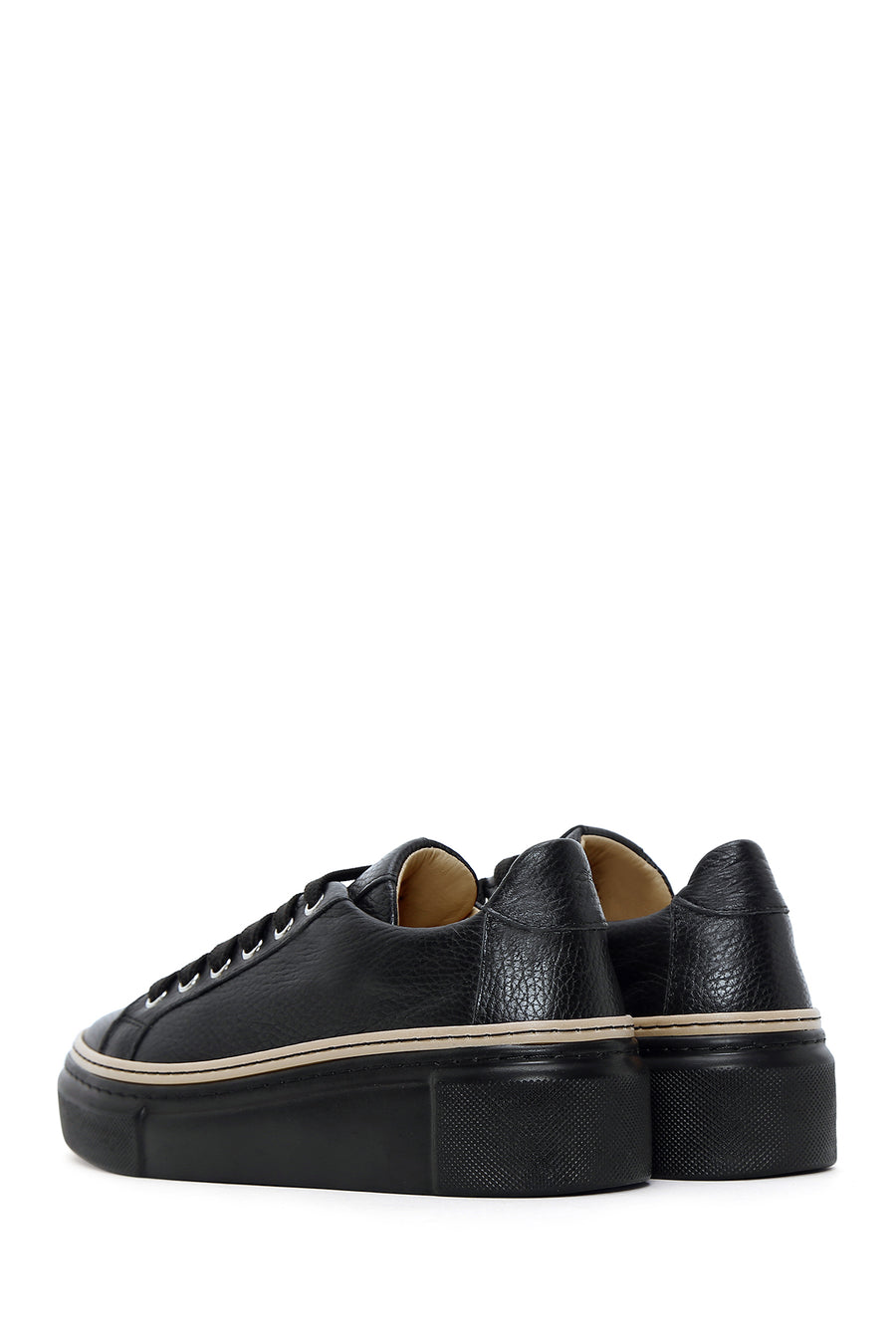 Women's Black Lace-up Thick-Sole Leather Sneaker