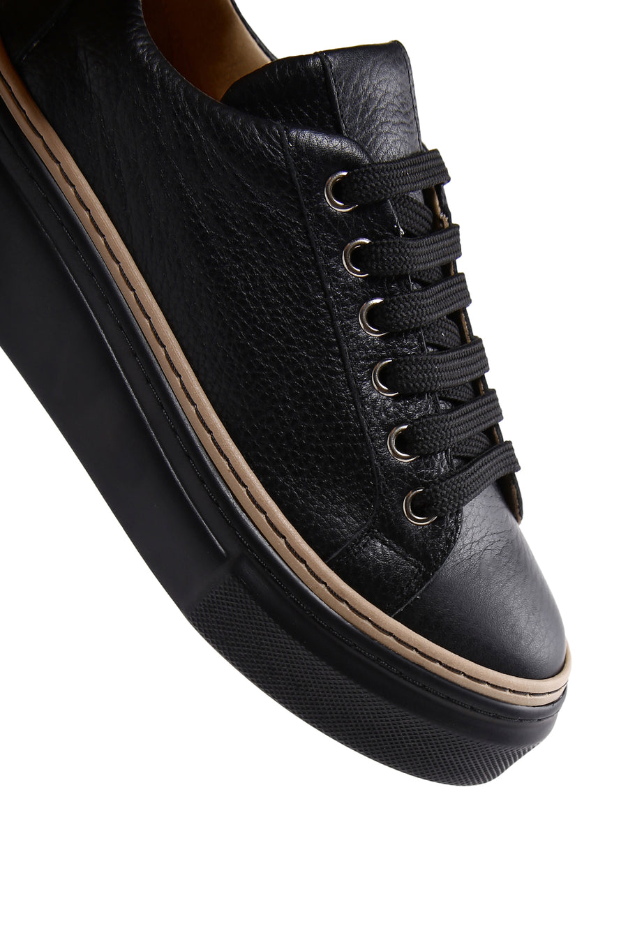 Women's Black Lace-up Thick-Sole Leather Sneaker