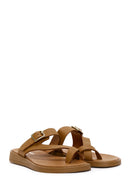 Women's Tan Flip Flops Leather Slippers | Derimod