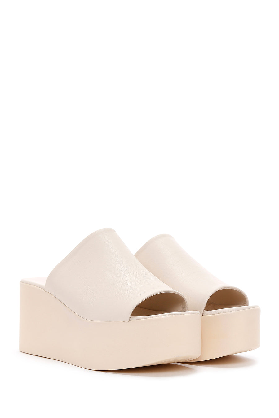 Women's Beige Wedge Heeled Leather Slippers