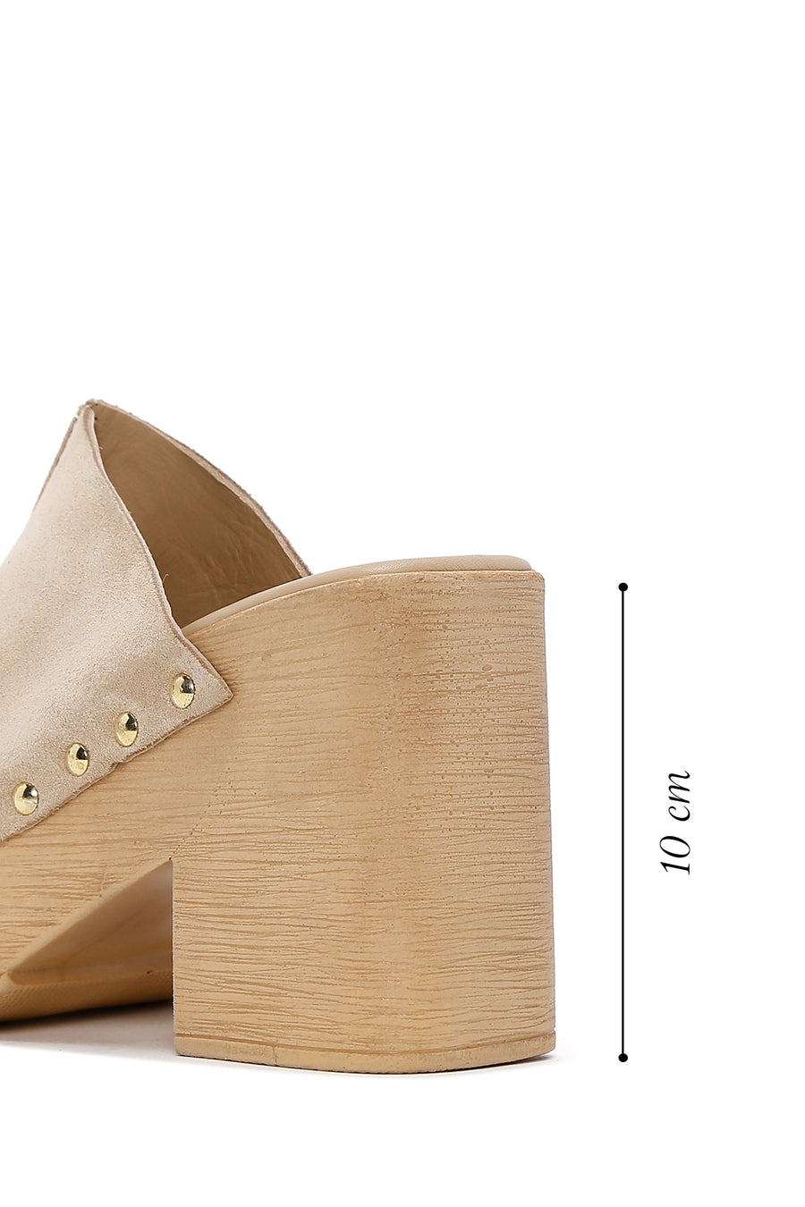 Women's Beige Thick Heeled Suede Leather Slippers