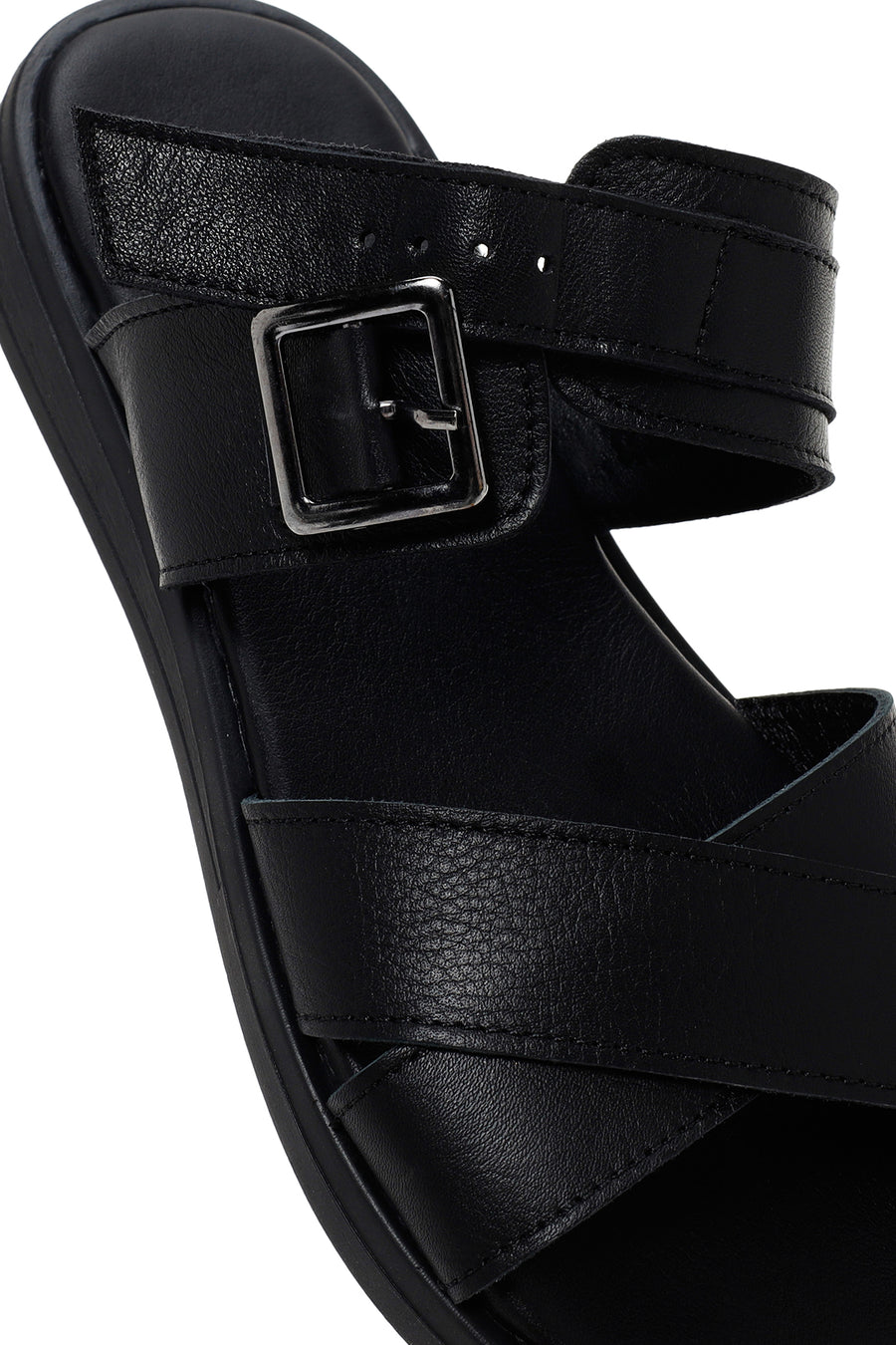 Women's Black Buckle Leather Slippers