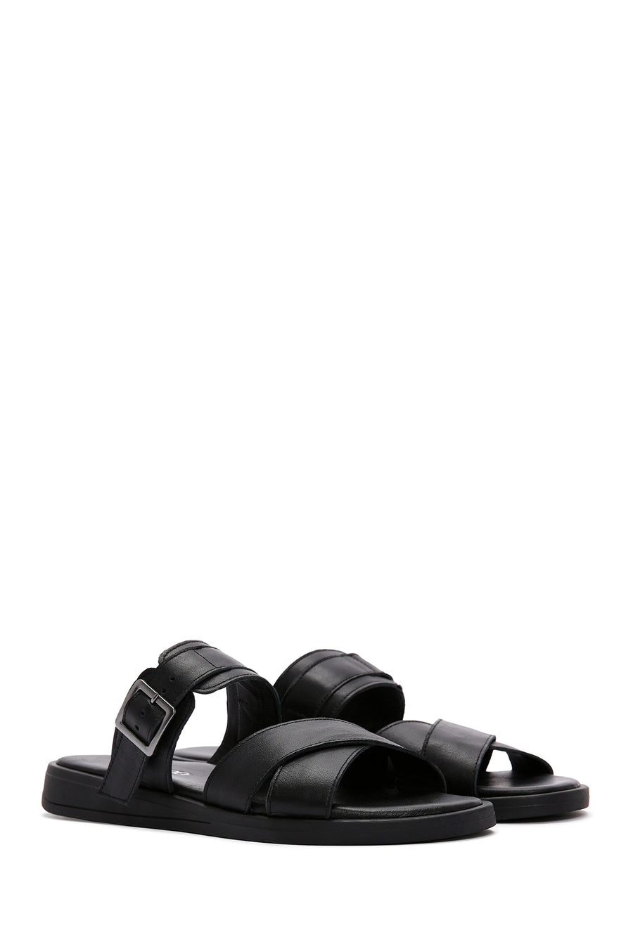 Women's Black Buckle Leather Slippers