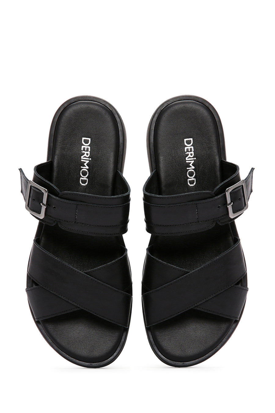 Women's Black Buckle Leather Slippers