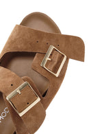 Women's Tan Double Buckle Suede Leather Slippers | Derimod