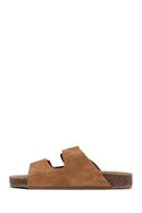 Women's Tan Double Buckle Suede Leather Slippers | Derimod