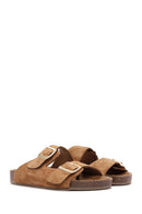 Women's Tan Double Buckle Suede Leather Slippers | Derimod