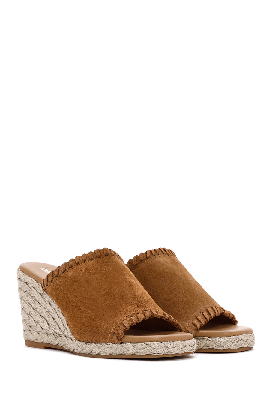 Women's Tan Wedge Heeled Suede Leather Espadrille Slippers