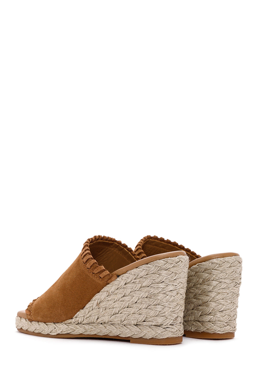Women's Tan Wedge Heeled Suede Leather Espadrille Slippers