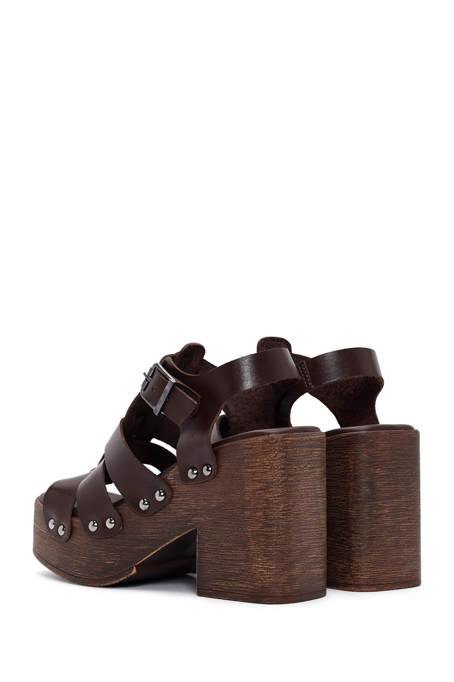 Women's Brown Thick Heeled Buckle Leather Sandals