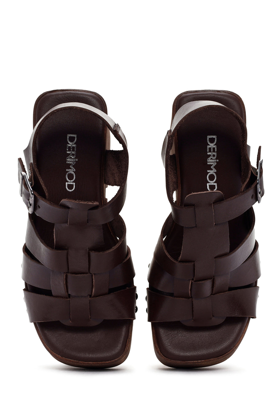 Women's Brown Thick Heeled Buckle Leather Sandals
