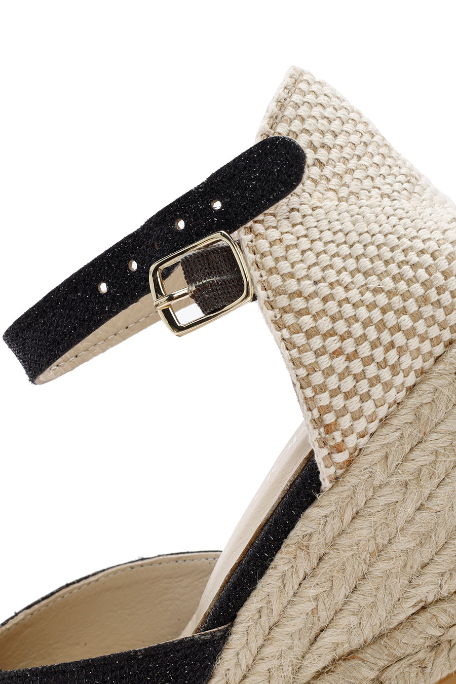 Women's Black Ankle Strap Wedge Heels Leather Espadrille