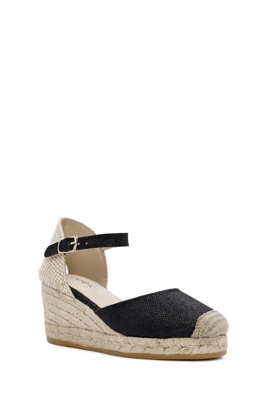 Women's Black Ankle Strap Wedge Heels Leather Espadrille