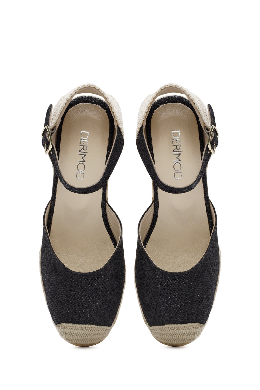 Women's Black Ankle Strap Wedge Heels Leather Espadrille