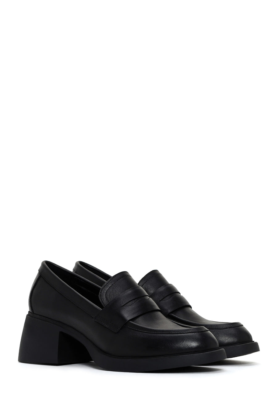 Women's Black Thick Heeled Leather Masculine Loafer