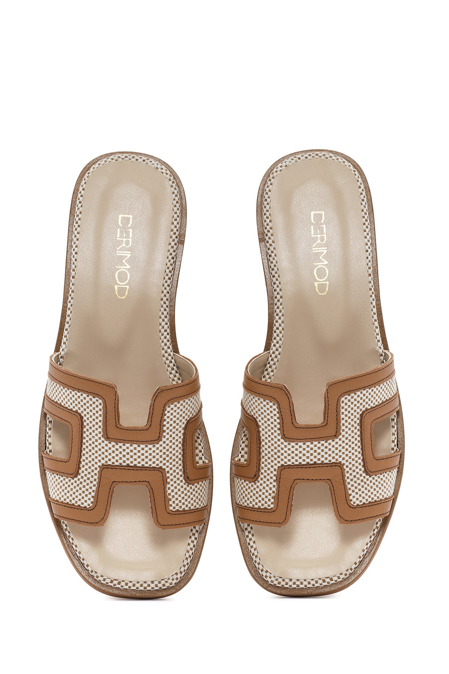 Women's Tan Patterned Leather Slippers