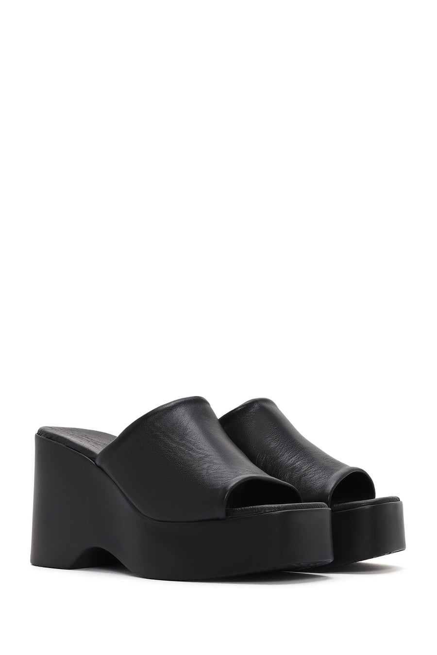 Women's Black Wedge Heeled Leather Slippers