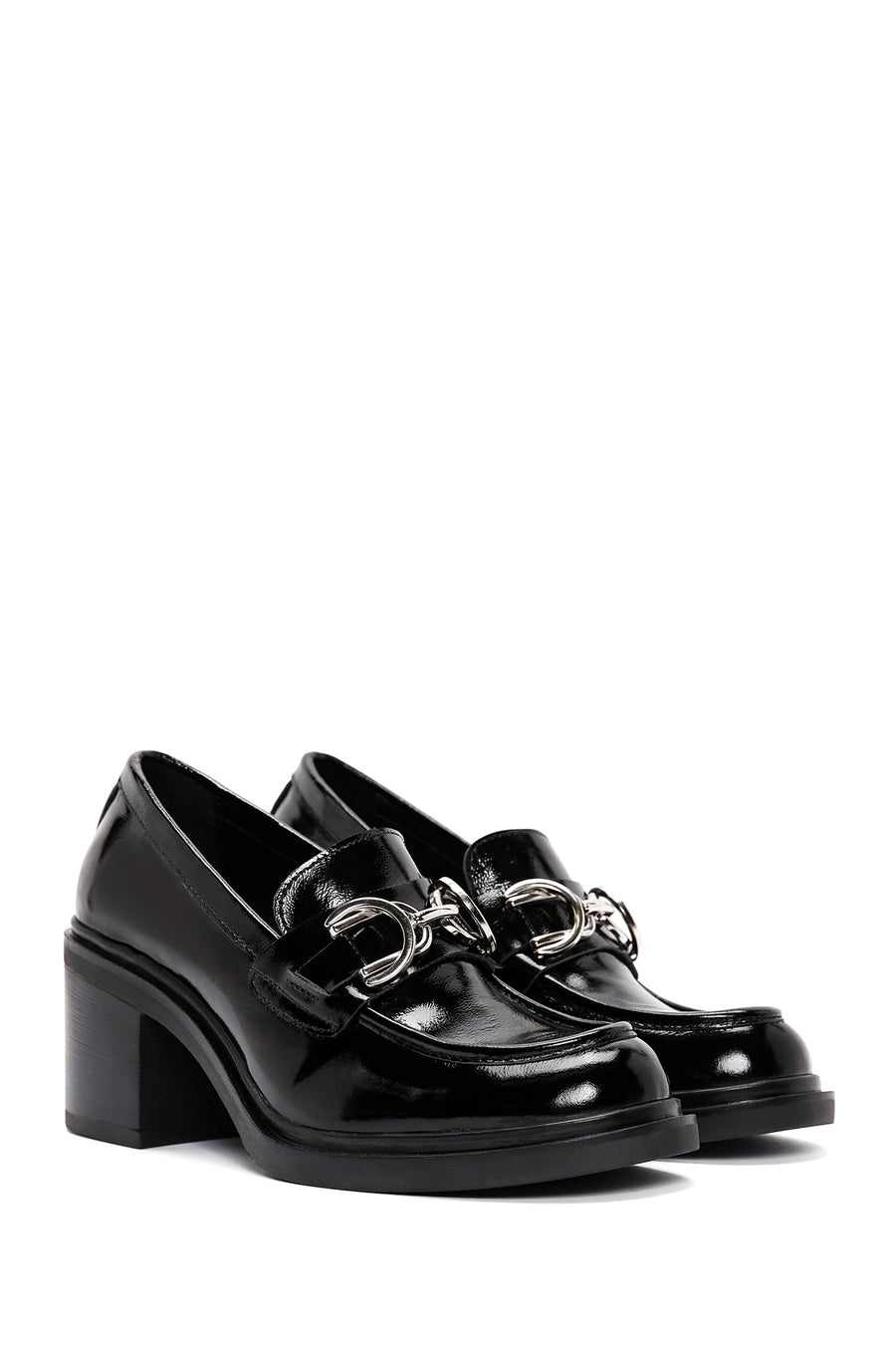 Women's Black Thick Heeled Leather Masculine Loafer