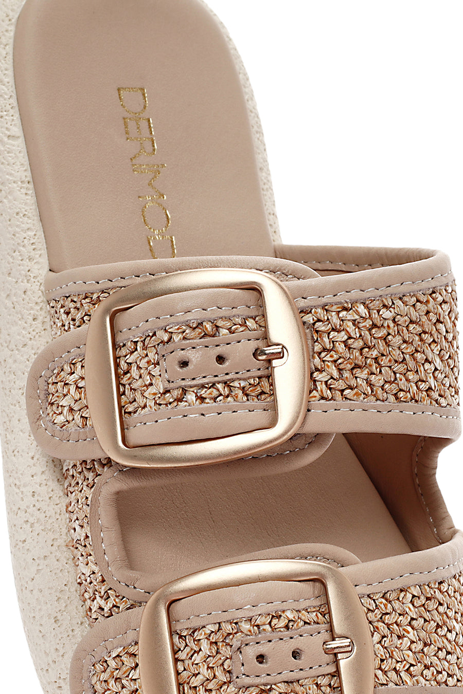 Women's Beige Double Buckle Straw Leather Slippers